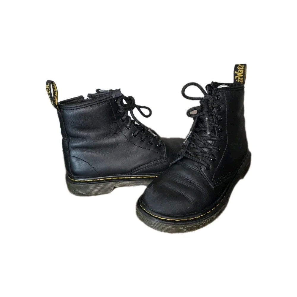 Dr. Martens 1460 J Kids Youth Black Leather Lace Up Boots Side Zip US 2 EU 33